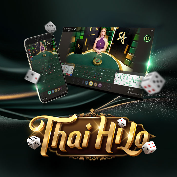 Image for an online Thai HiLo game featuring a dealer at a gaming table on the right and a mobile interface on the left. The text 'Thai HiLo' is prominently displayed at the bottom, accompanied by 3 dice.